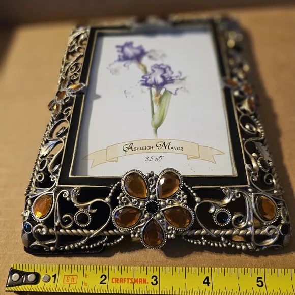 🦉Ashleigh Manor jeweled picture frame in black enamel with amber & blue crystal - Picture 7 of 8
